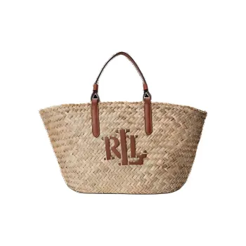 Ralph Lauren Straw Woven With Leather Trim Tote Bag Shopping Bag Handbag Medium Size Women's Natural Brown Yellow