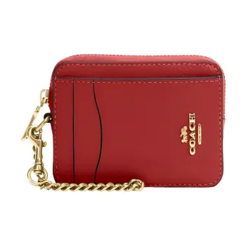 COACH Card Case Pebbled Leather Coin Purse, Card Holder Mini Women's Red