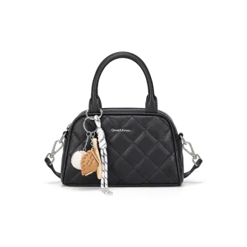 CinvaiKrose Cow Leather Shoulder Bag, Crossbody Bag, Portable Bowling Bag Small Size Women's Ecru/Black