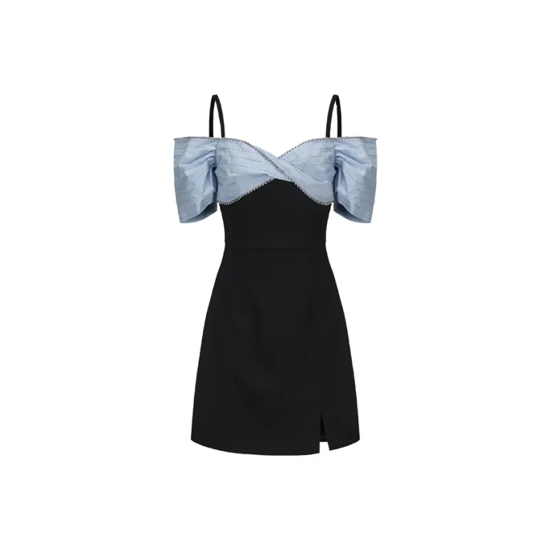 GIMING Slip Dresses Women's Black+Blue-0