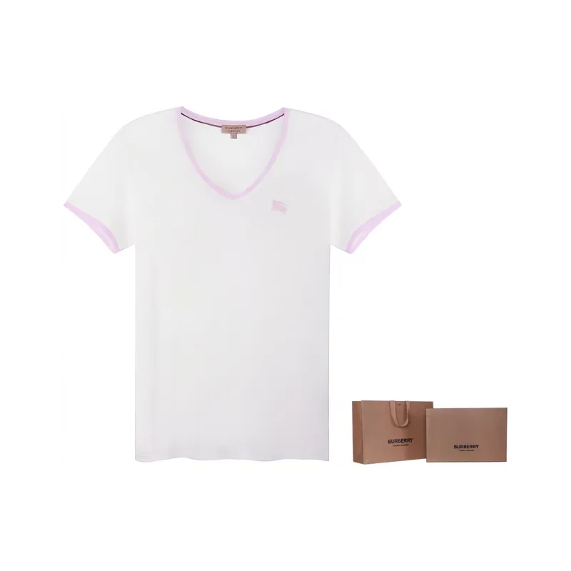 Burberry Women's Embroidered Monogram Ekd V Neck T shirt White/Pink-4