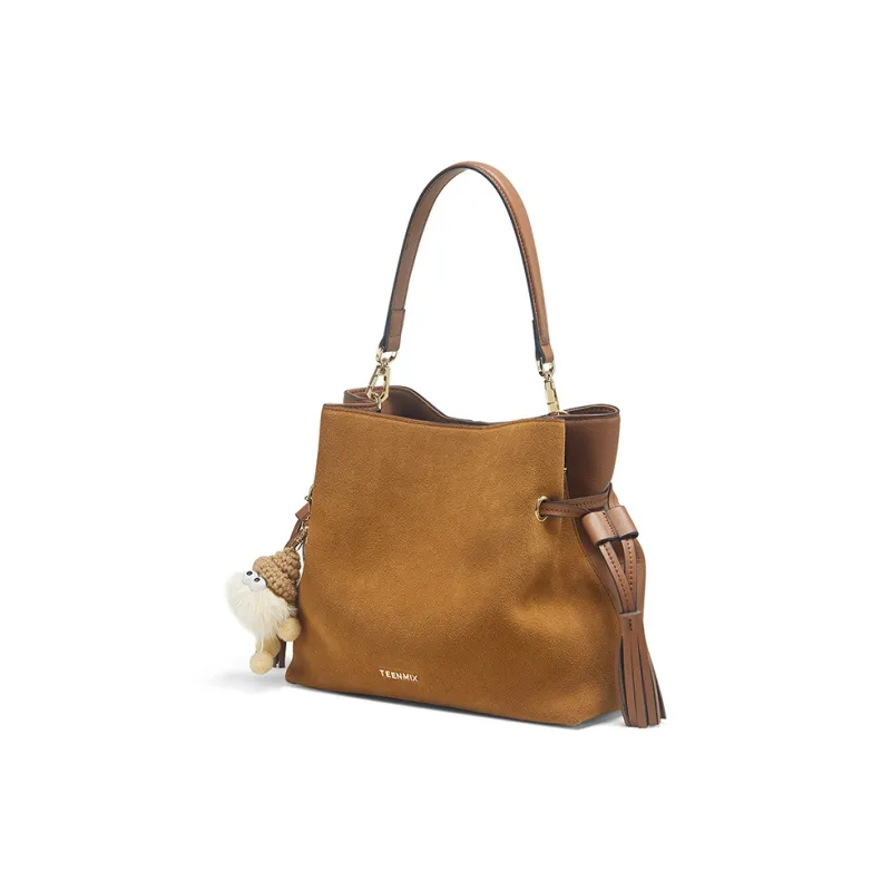 Teenmix Cowhide Split Leather Bucket Bag, Crossbody Bag, Shoulder Bag Medium Size Women's Brown/Black-1
