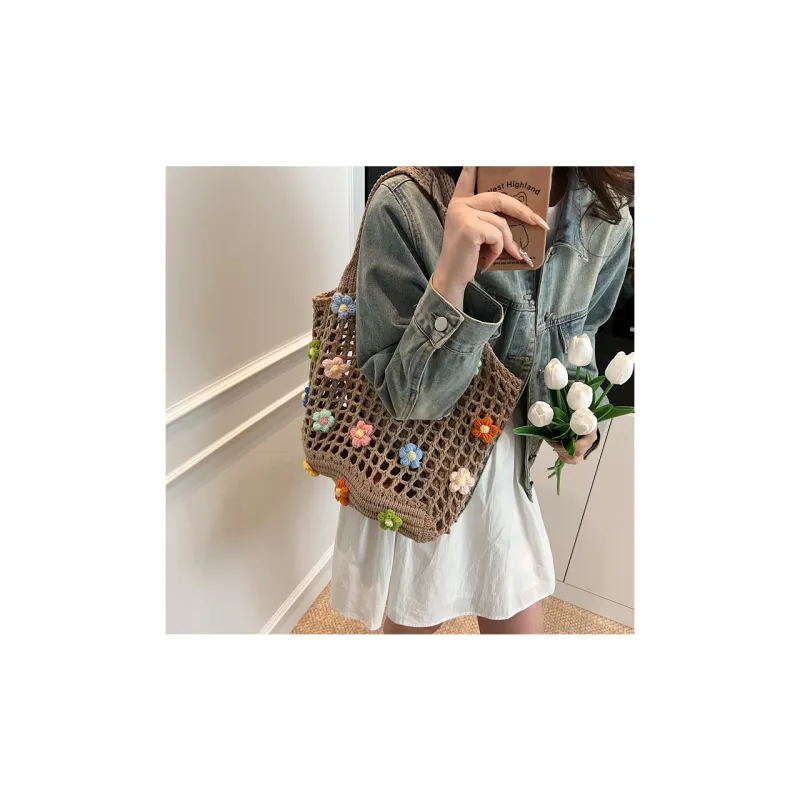 Yalu Chunky Yarn Woven Handbag, Shoulder Bag Women's White/Khaki-2