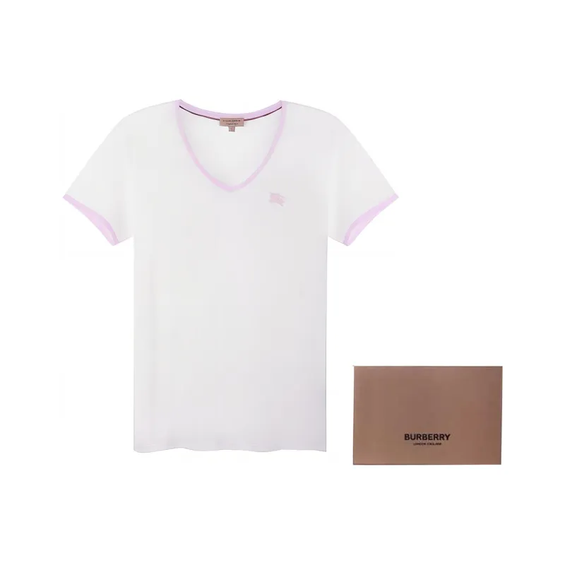 Burberry Women's Embroidered Monogram Ekd V Neck T shirt White/Pink-3