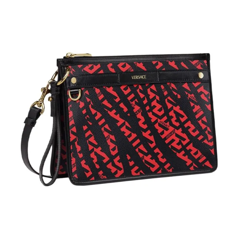 VERSACE Canvas With Leather Crossbody Bag Clutch Regular Unisex Black & Red-1