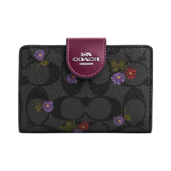 COACH Corner Zip Canvas With Leather Coin Purses Wallets Regular Women's Graphite Deep Raspberry