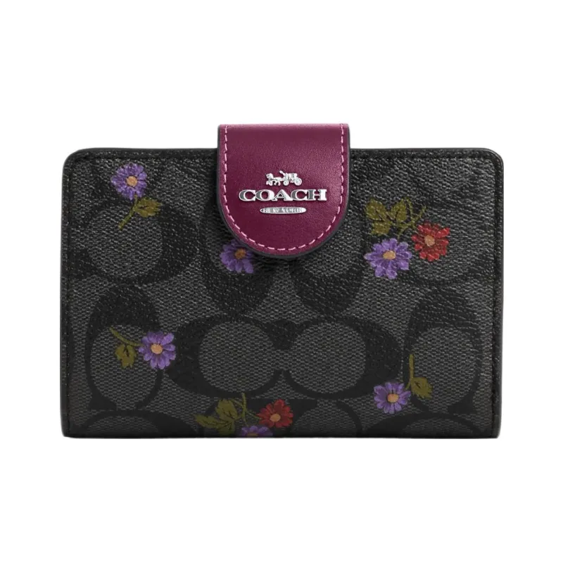 COACH Corner Zip Canvas With Leather Coin Purses Wallets Regular Women's Graphite Deep Raspberry-0