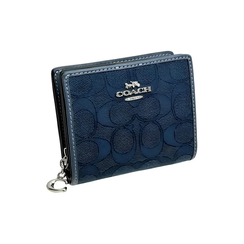 COACH Snap Wallet Cow Leather, Textile Wallet Mini Women's Silver With Dark Denim-1