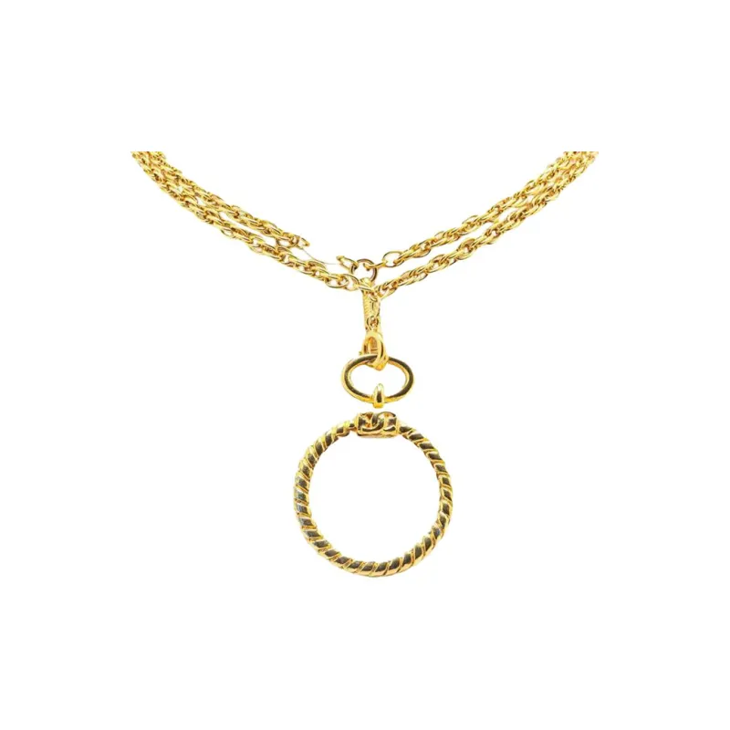 CHANEL 1980 1990 Plated Double Chain Loupe Magnifying Glass Pendant Necklace Costume Necklace-0
