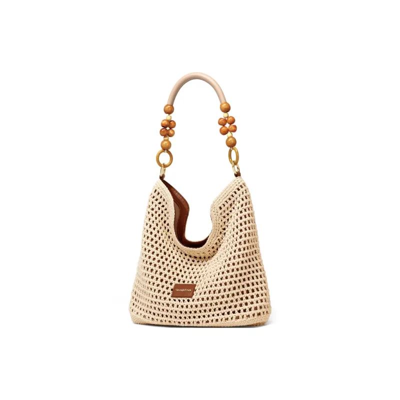 CinvaiKrose Fabric Shoulder Bag, Crossbody Bag, Ethnic Style Tote Medium Size Women's Ecru/Khaki-2