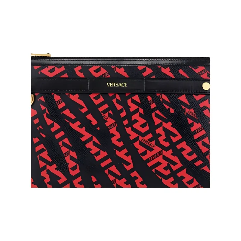 VERSACE Canvas With Leather Crossbody Bag Clutch Regular Unisex Black & Red-3