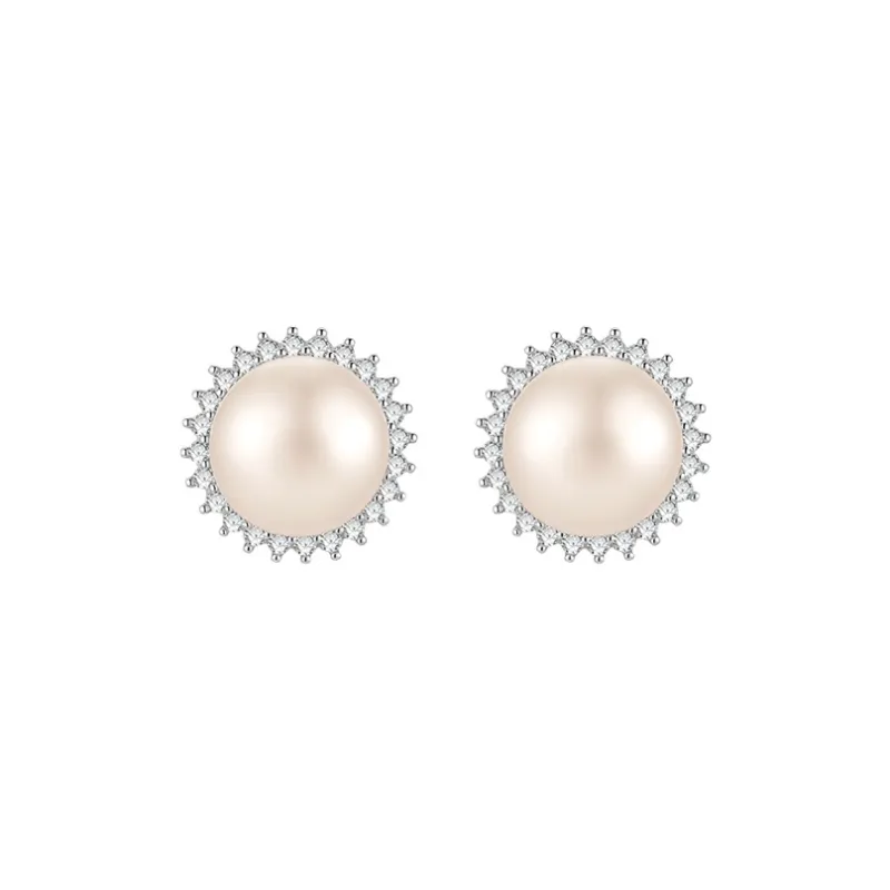 Old Qingyun Silver Building Pearl Stud Earrings Women's-0