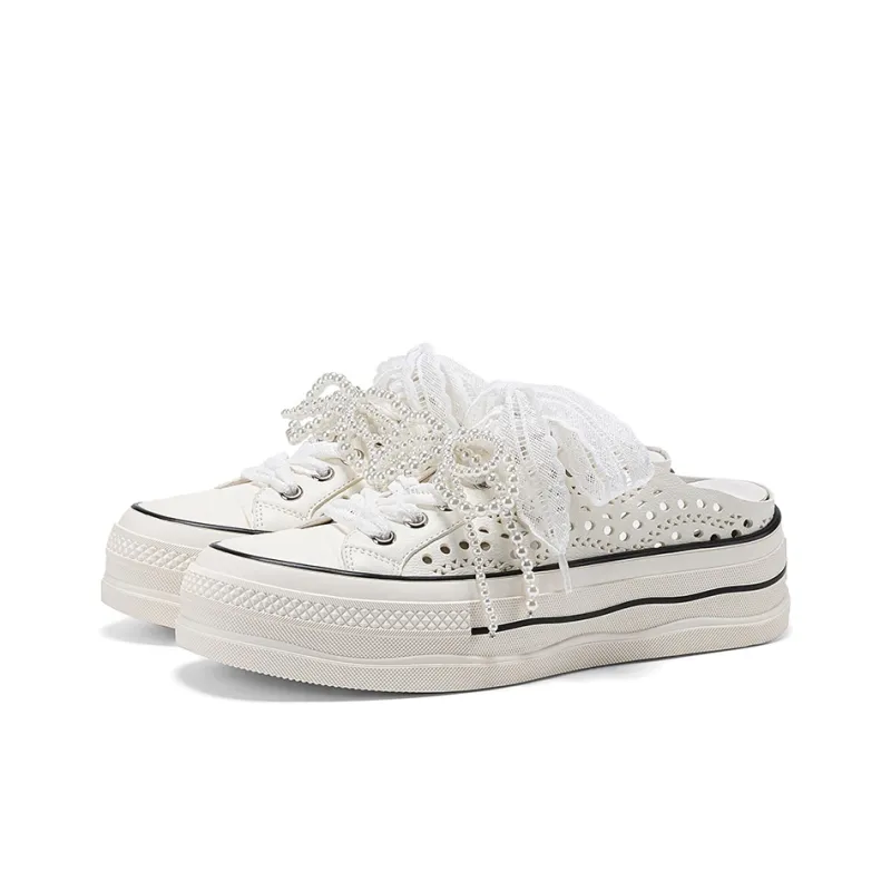 GG CC Slip Resistant Abrasion Resistant Cut Out Beads Breathable Closed Toe Slippers Women's White-2