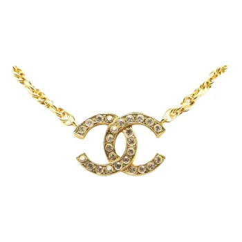 CHANEL 1970 1980 Plated Crystal Cc Pendant Necklace Costume Necklace