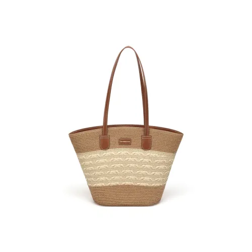 CinvaiKrose Fabric Straw Bag One Shoulder Tote Portable Tote Bucket Bag Medium Size Women's Khaki
