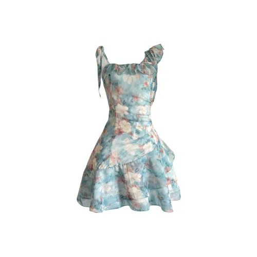 Udon House Slip Dresses Women's Oil Paintings Green