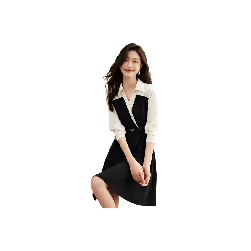 Mo Han Yi Mei Long Sleeved Dress Women's Black White-0