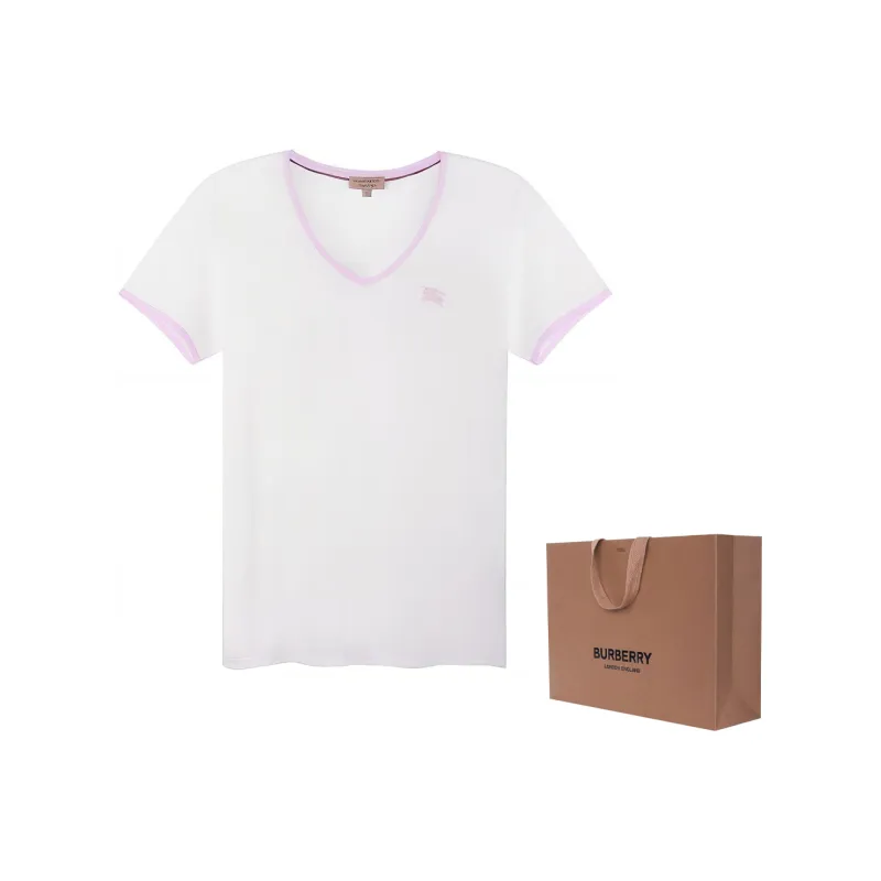 Burberry Women's Embroidered Monogram Ekd V Neck T shirt White/Pink-2