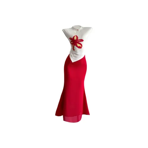 Icicofficial Two Piece Skirt Sets Women's Eat Green Vegetable Red Bud Clothing Sets