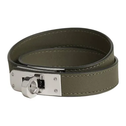 HERMES Calfskin, Palladium Plated Wristbands Men's Green