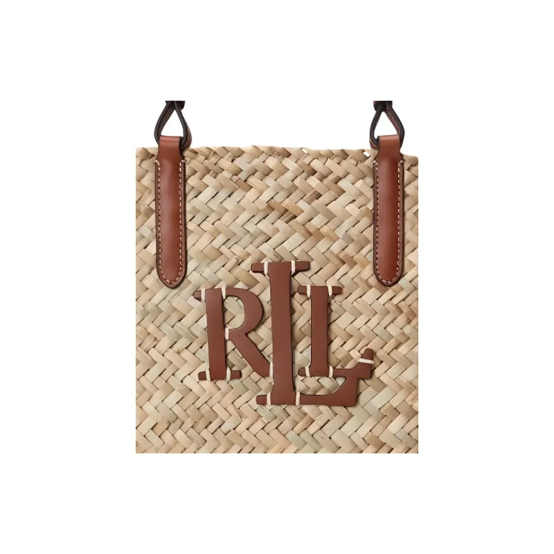 Ralph Lauren Straw Woven With Leather Trim Tote Bag Shopping Bag Handbag Medium Size Women's Natural Brown Yellow-3