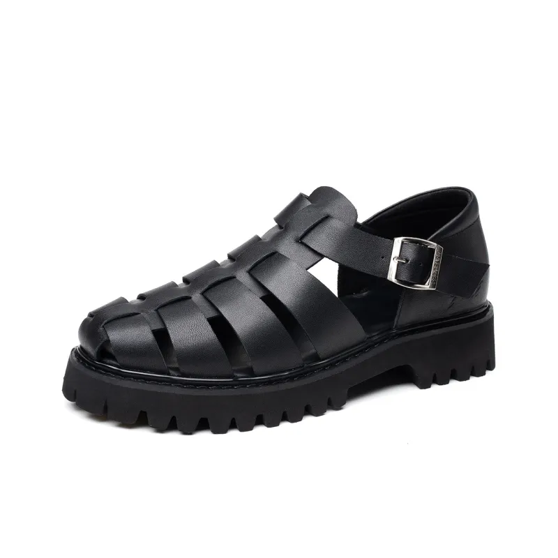FED Outdoor Breathable Genuine Leather Shoes Versatile Minimalist Style Roman Sandals 4.6cm Men's Black-1