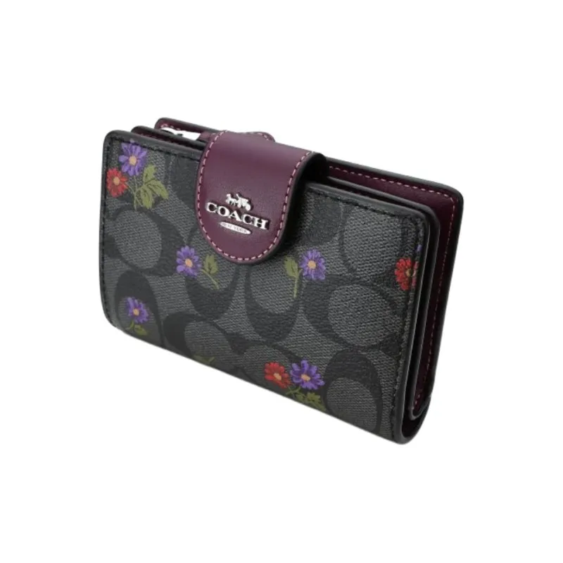 COACH Corner Zip Canvas With Leather Coin Purses Wallets Regular Women's Graphite Deep Raspberry-1
