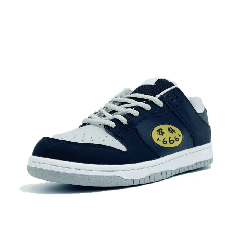 PAIN OR PLEASURE Low Top Skateboard Shoes Unisex Dark Blue White-1