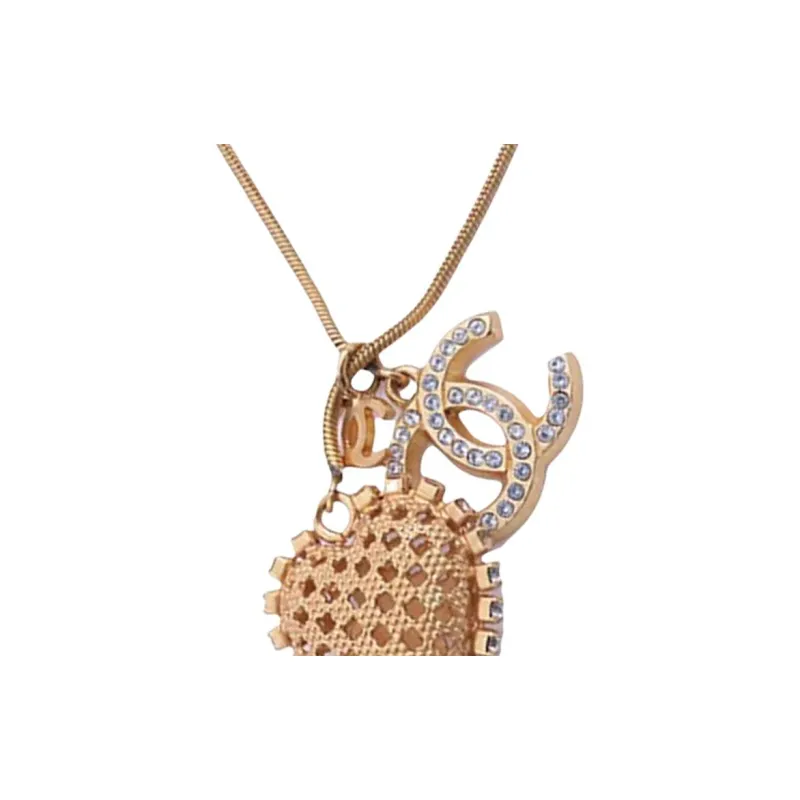 CHANEL 2001 Plated Cc Heart Rhinestones Pendant Long Necklace Costume Necklace-2