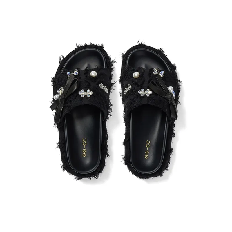 GG CC Fringe Slip Resistant Abrasion Resistant Fashion Slide Slippers Women's Black-2