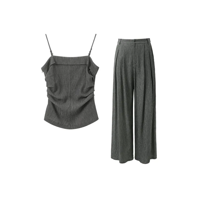 3COLOUR Casual Suits Women's Clothing Set Ore Gray Plaid Camisole+Pants-0