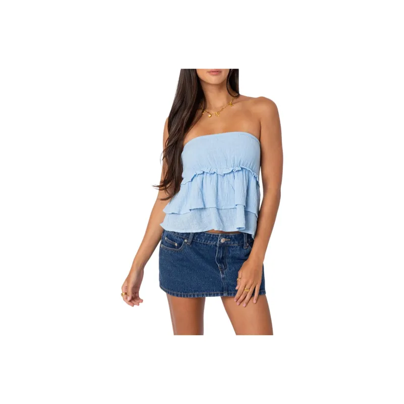 Edikted Linen Look Strapless Peplum Top Strapless Top Women's-0