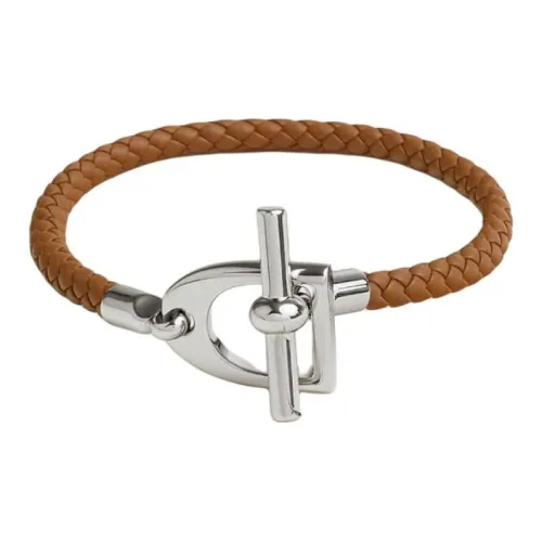 HERMES Palladium Plated Metal With Calfskin Bracelets Men's Brown