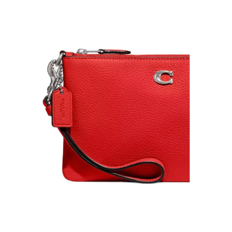 COACH Wristlet Eggstone Grain Leather Wrist Bag Small Size Women's Silver & Sports Red-3