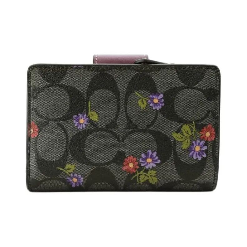 COACH Corner Zip Canvas With Leather Coin Purses Wallets Regular Women's Graphite Deep Raspberry-2