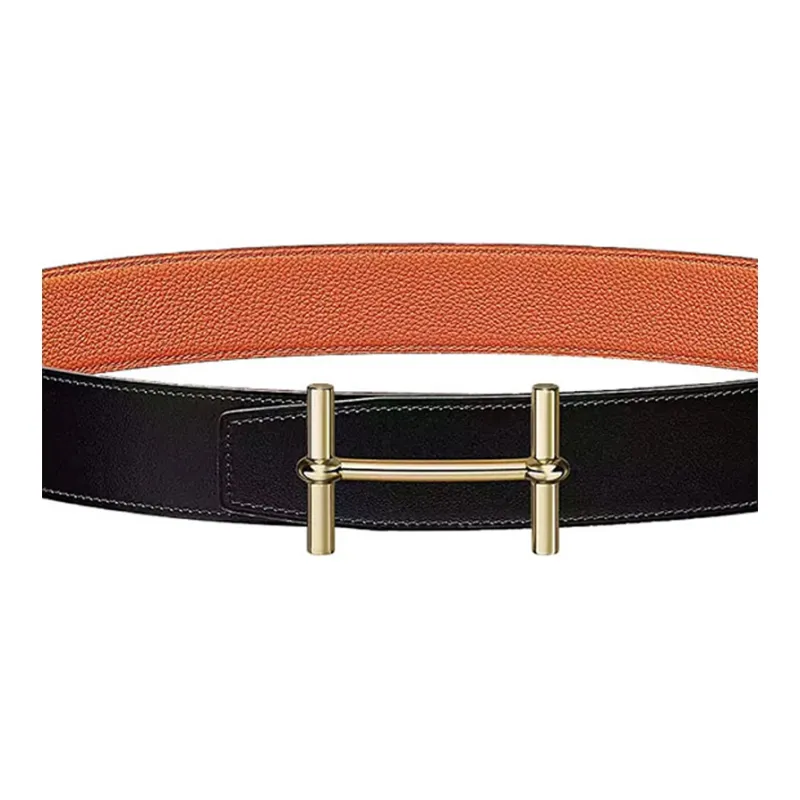 HERMES H D'Ancre Calfskin Double Sided Leather Belts Men's Black Orange Width 3.8cm-1