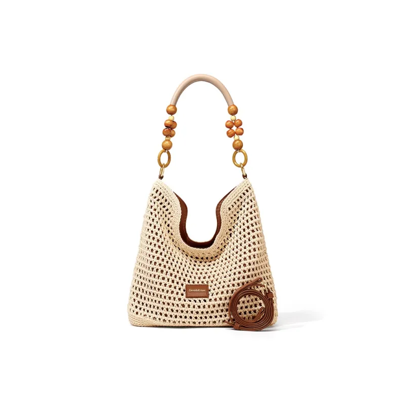 CinvaiKrose Fabric Shoulder Bag, Crossbody Bag, Ethnic Style Tote Medium Size Women's Ecru/Khaki-1