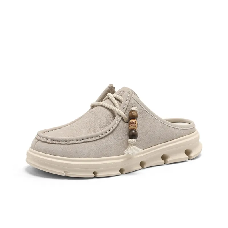 NAVIGARE Leather Patchwork Closed Toe Slippers Women's Beige-1