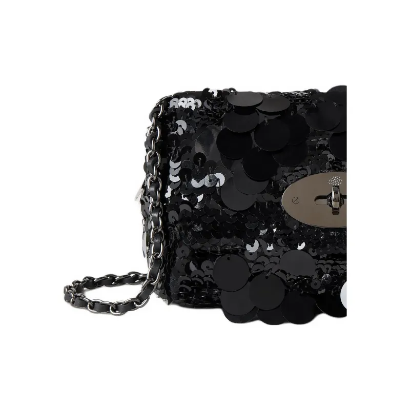 Mulberry Lily Sequins With Silk Fabric Crossbody Bag, Shoulder Bag Mini Women's Black-4