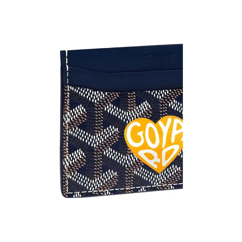 GOYARD Saint-Sulpice Canvas With Leather Dog's Teeth Card Clip Card Holder Unisex Navy Blue Spells Yellow Little Hearts-4