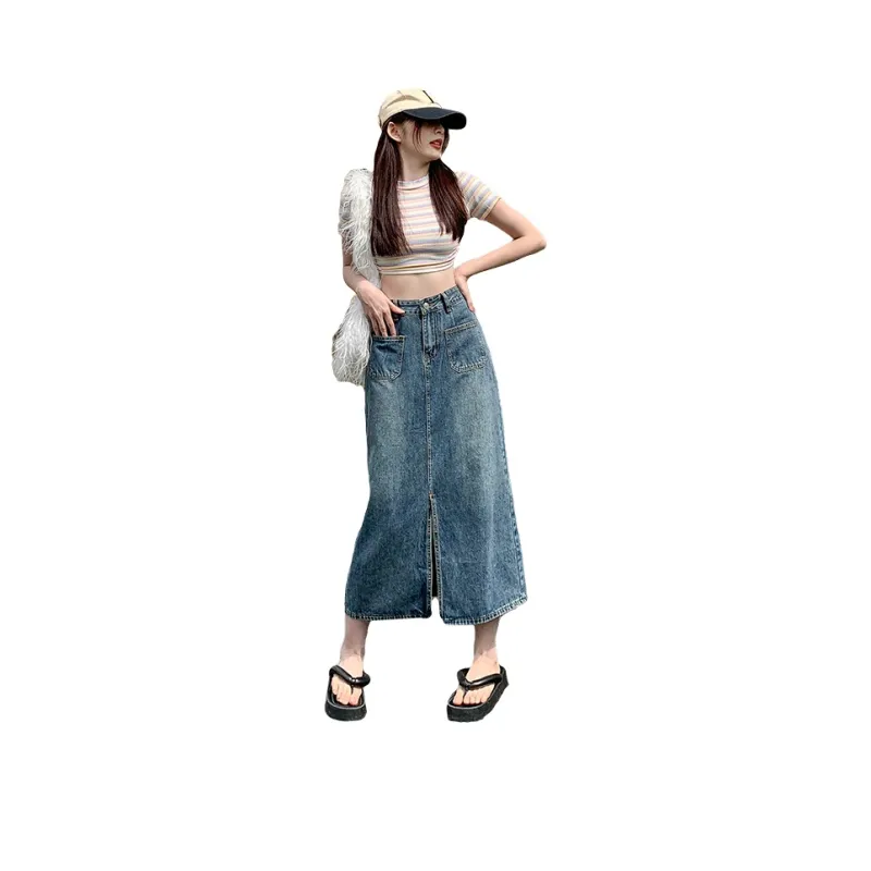 MPOX Denim Long Skirts Women's Dark Blue-0