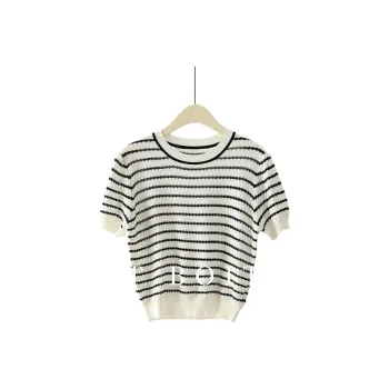 FAWENXIANGZI Crop Tops Women's White Black Stripes