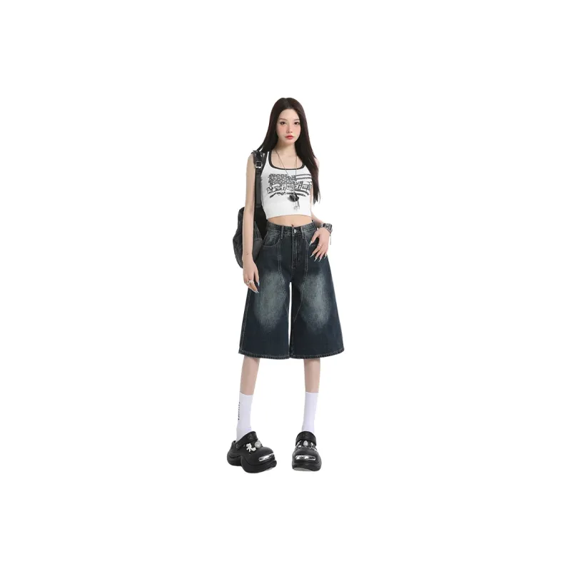 Rose Denim Shorts Women's Blue Gray-0