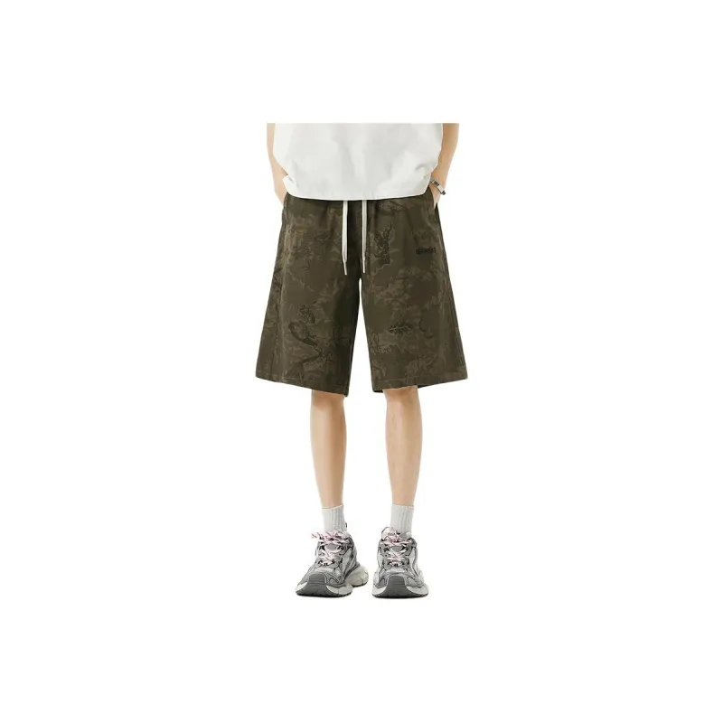 WOOD SOON Knee Length Pants Camouflage Loose Fit Men's Vintage Mid Pants Unisex-0
