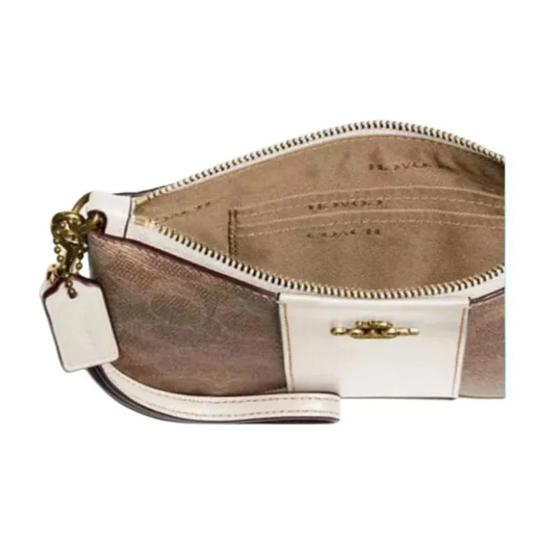 COACH Wristlet Canvas With Leather Handheld Wrist Bag Pochette Small Size Women's White & Brown Monogram-4