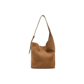 ZARA Cow Leather Bucket Bag, Shoulder Bag Large Size Women's Dark Brown Yellow