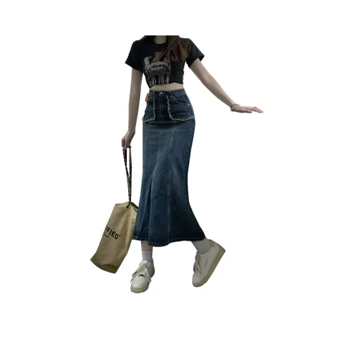 MPOX Denim Long Skirts Women's Dark Blue