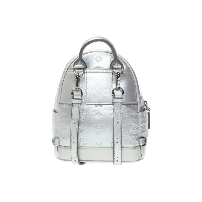 MCM Stark Visetos Leather Backpack Small Size Women's Silver-2