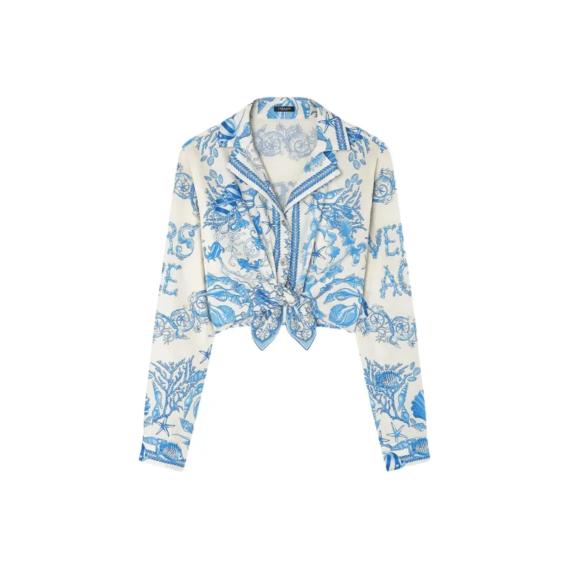 VERSACE Underwater Barocco Knotted Cropped Shirt-0