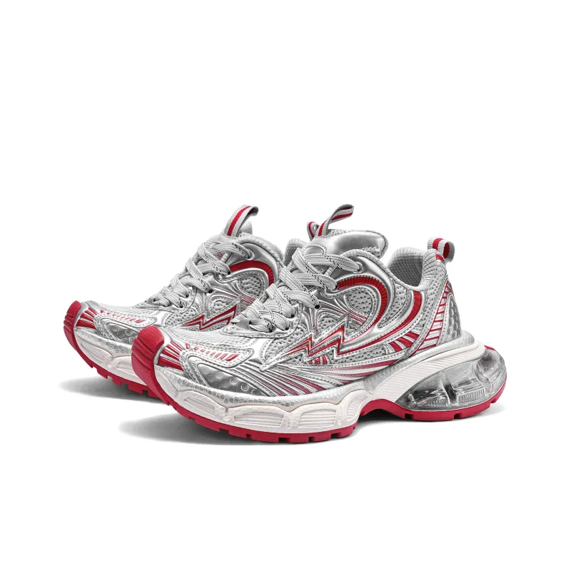 MINISO Chunky Sneakers Unisex Low Top Silver Red-2
